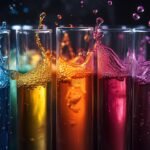 About colorful liquids splash in test tubes.